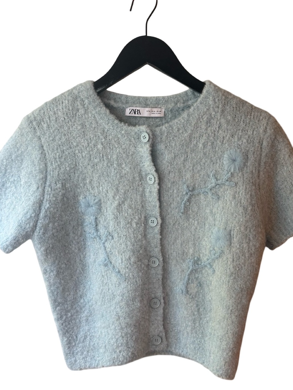 Zara Pale Blue Short-Sleeve Wool-Blend Cardigan with Floral Embroidery
